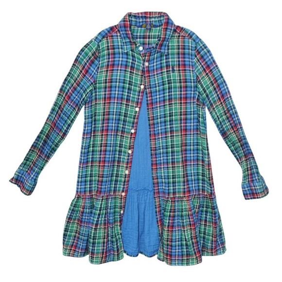 Polo Ralph Lauren Girls Plaid Flannel Ruffle Hem Shirtdress Size 12 Tartan - Picture 2 of 5
